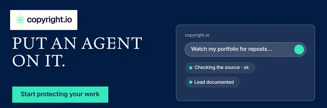 X header for copyright.io: "Put an agent on it." Split block style, bottom layout, dark palette in blue, teal.