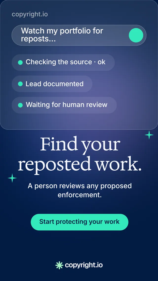 Instagram story for copyright.io: "Find your reposted work." Y2K style, skeleton layout, dark palette in blue, teal.