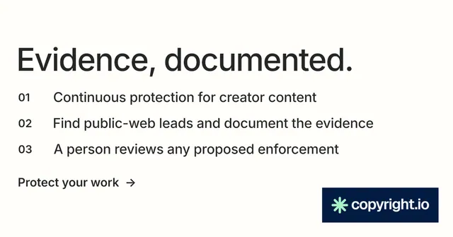 Social ad for copyright.io: "Evidence, documented." Minimal luxury style, numbered layout, light palette in white, grey.
