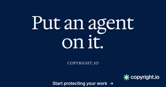 Social ad for copyright.io: "Put an agent on it." Swiss style, smallcaps layout, dark palette in blue.