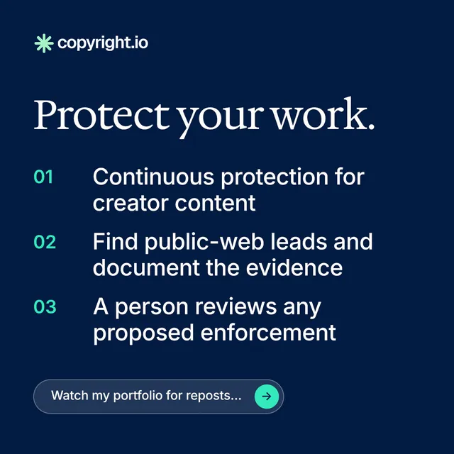 Instagram post for copyright.io: "Protect your work." Agentic glass style, numbered layout, dark palette in blue.