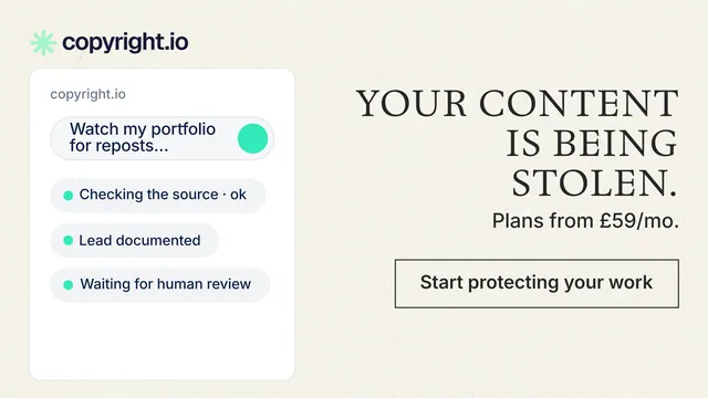 Landscape graphic for copyright.io: "Your content is being stolen." Editorial style, right layout, light palette in white.