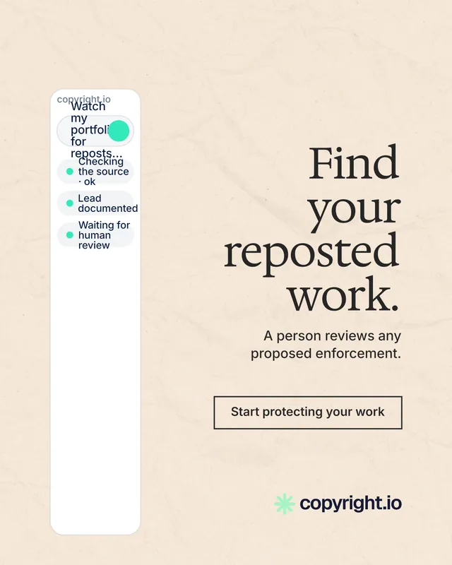 Instagram portrait post for copyright.io: "Find your reposted work." Editorial style, right layout, light palette in orange, white.