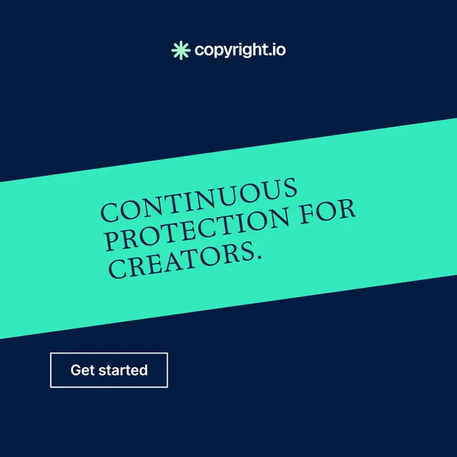 Instagram post for copyright.io: "Continuous protection for creators." Editorial style, diagonal layout, dark palette in blue, teal.