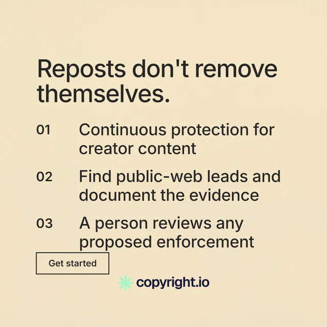 Instagram post for copyright.io: "Reposts don't remove themselves." Editorial style, numbered layout, light palette in yellow.
