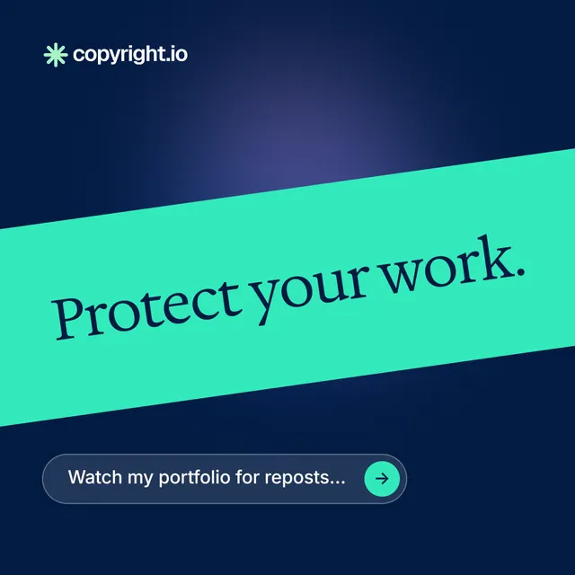 Instagram post for copyright.io: "Protect your work." Agentic glass style, diagonal layout, dark palette in blue, teal.