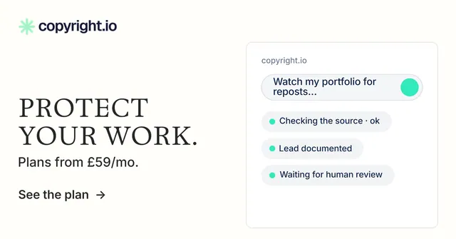 Social ad for copyright.io: "Protect your work." Minimal luxury style, bottom layout, light palette in white.