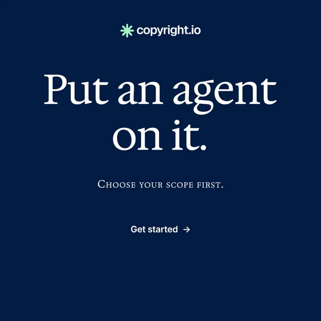 Instagram post for copyright.io: "Put an agent on it." Agentic glass style, smallcaps layout, dark palette in blue.