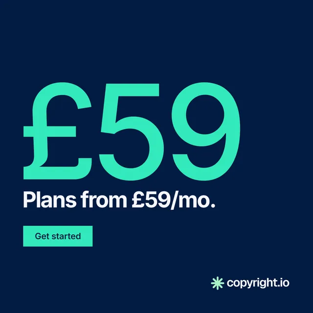 Instagram post for copyright.io: "Protect your work." Swiss style, stat layout, dark palette in blue, teal.