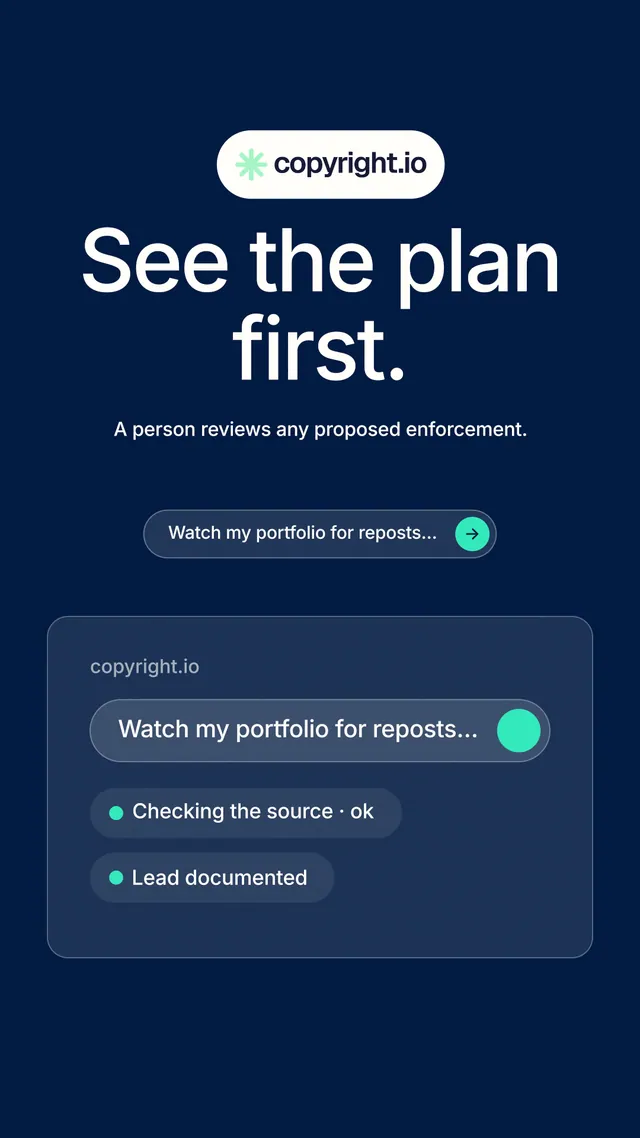 Instagram story for copyright.io: "See the plan first." Agentic glass style, centred layout, dark palette in blue.