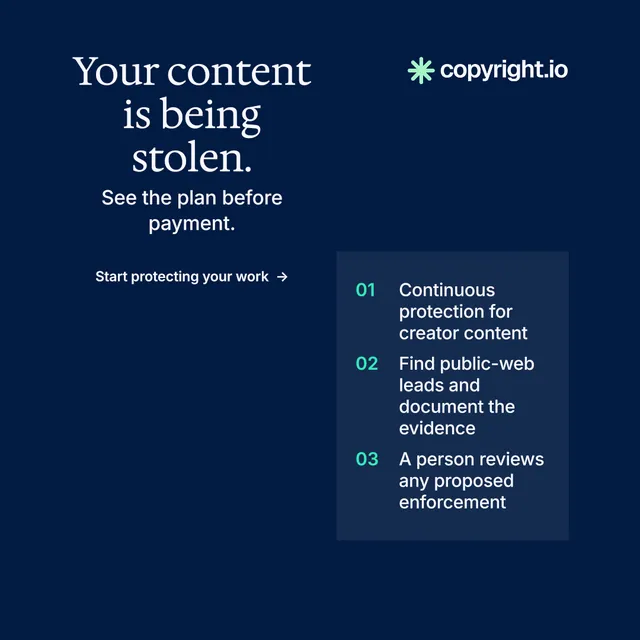 Instagram post for copyright.io: "Your content is being stolen." Minimal luxury style, skeleton layout, dark palette in blue.