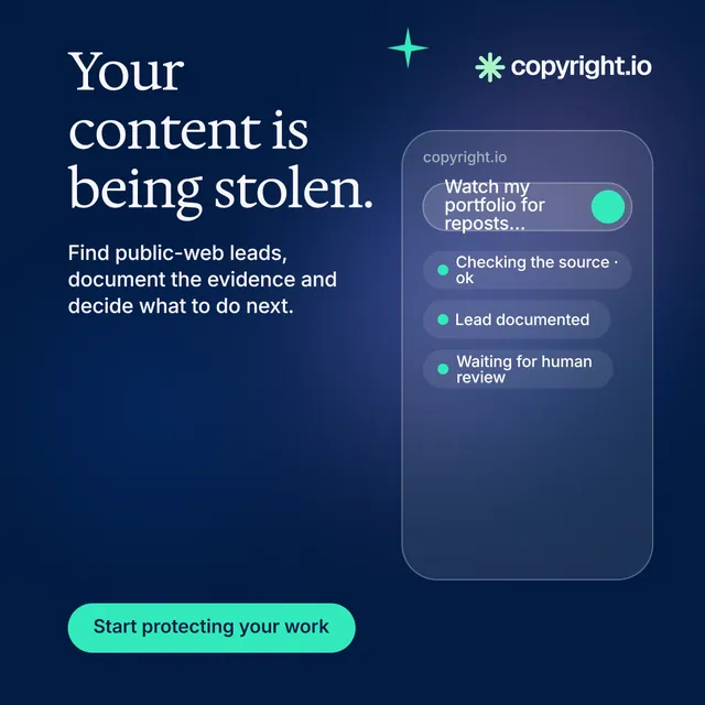 Instagram post for copyright.io: "Your content is being stolen." Y2K style, skeleton layout, dark palette in blue.
