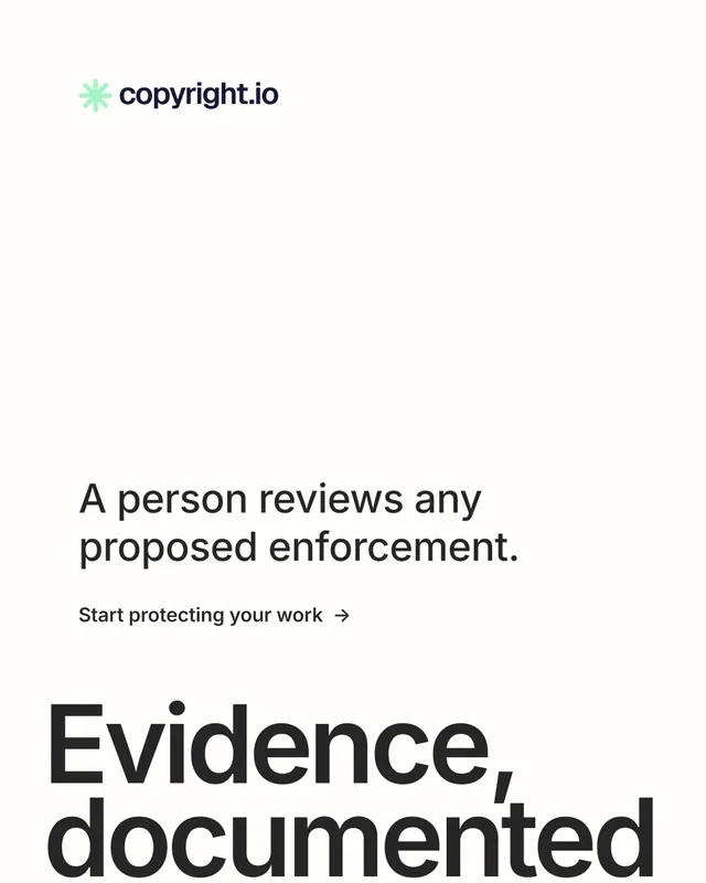 Instagram portrait post for copyright.io: "Evidence, documented." Minimal luxury style, oversized layout, light palette in white, grey.