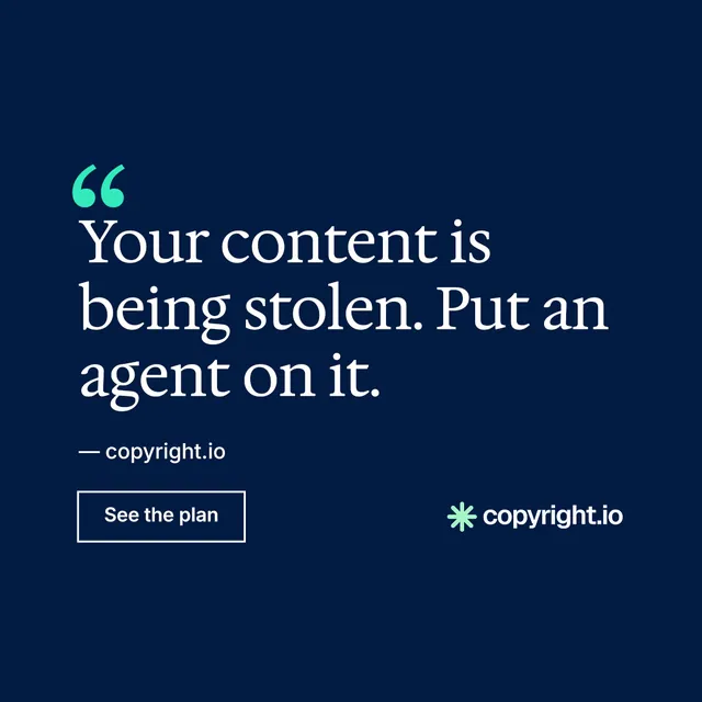 Instagram post for copyright.io: "See the plan first." Editorial style, quote layout, dark palette in blue.