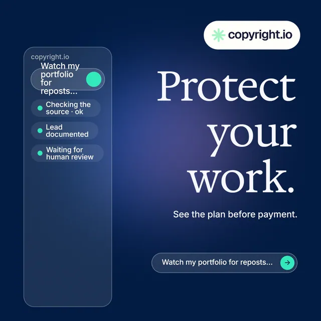 Instagram post for copyright.io: "Protect your work." Agentic glass style, right layout, dark palette in blue.