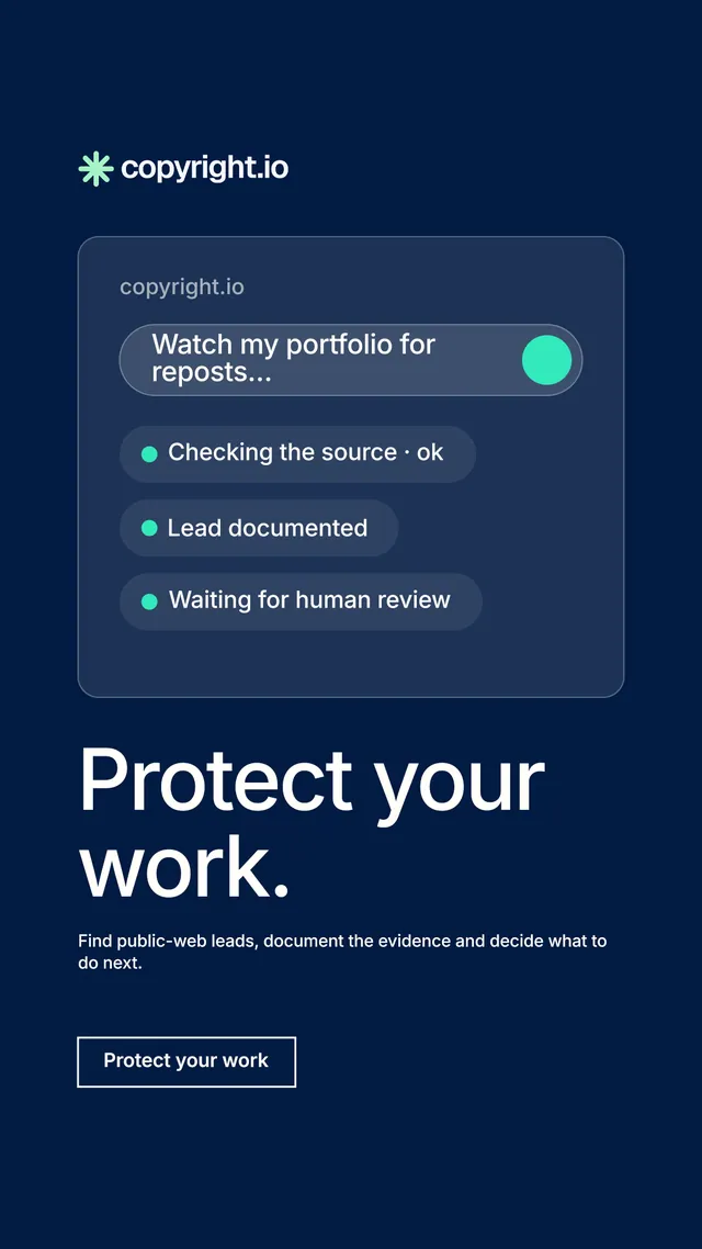 Instagram story for copyright.io: "Protect your work." Editorial style, bottom layout, dark palette in blue.