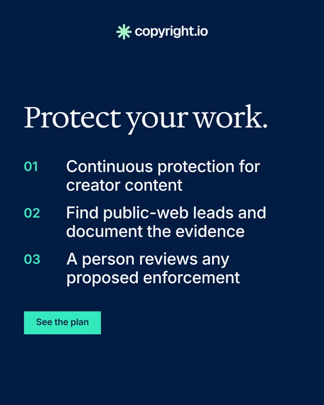 Instagram portrait post for copyright.io: "Protect your work." Split block style, numbered layout, dark palette in blue.