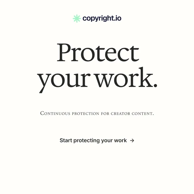 Instagram post for copyright.io: "Protect your work." Swiss style, smallcaps layout, light palette in white, grey.