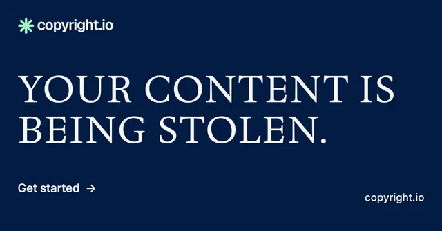 Social ad for copyright.io: "Your content is being stolen." Minimal luxury style, poster layout, dark palette in blue.