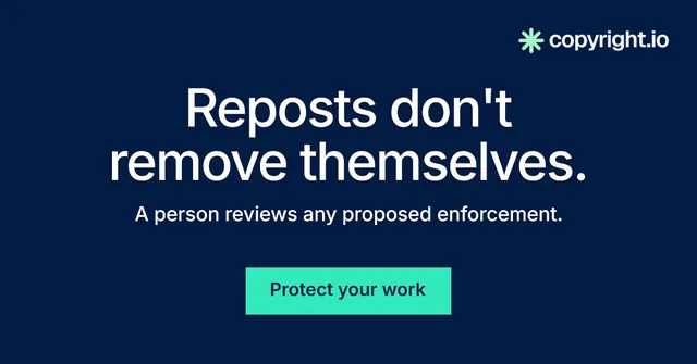 Social ad for copyright.io: "Reposts don't remove themselves." Swiss style, centred layout, dark palette in blue, teal.