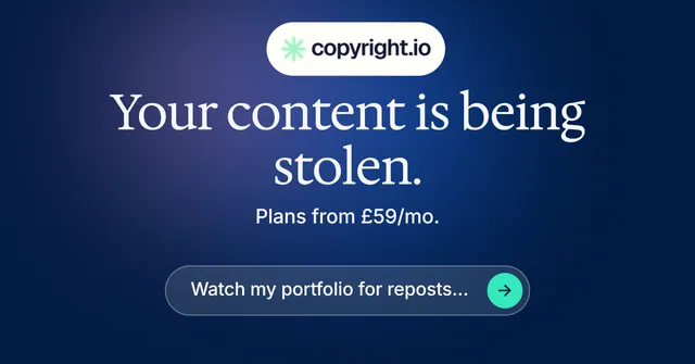 Social ad for copyright.io: "Your content is being stolen." Agentic glass style, centred layout, dark palette in blue.