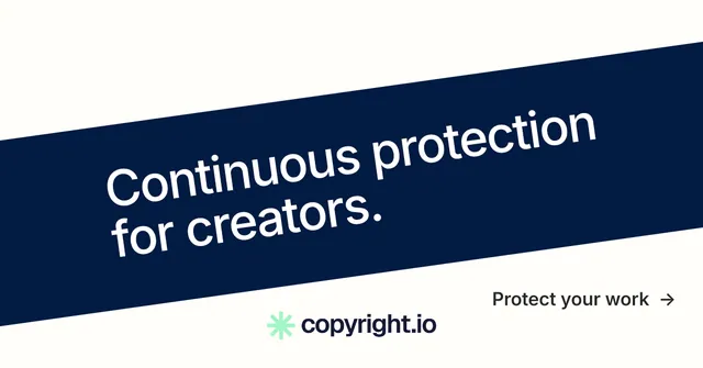 Social ad for copyright.io: "Continuous protection for creators." Minimal luxury style, diagonal layout, light palette in white, blue.