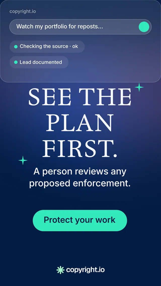 Instagram story for copyright.io: "See the plan first." Y2K style, skeleton layout, dark palette in blue, teal.