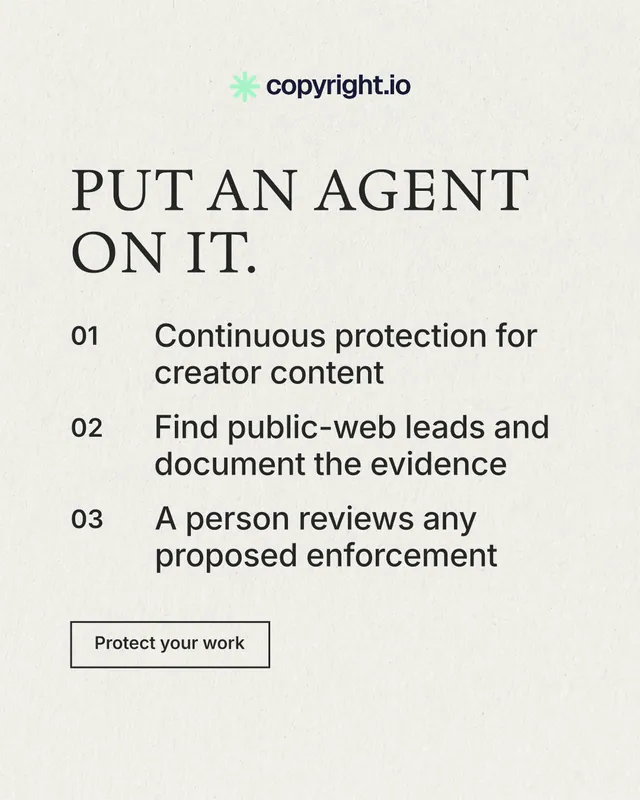 Instagram portrait post for copyright.io: "Put an agent on it." Editorial style, numbered layout, light palette in white.