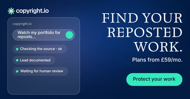 Social ad for copyright.io: "Find your reposted work." Y2K style, right layout, dark palette in blue, teal.