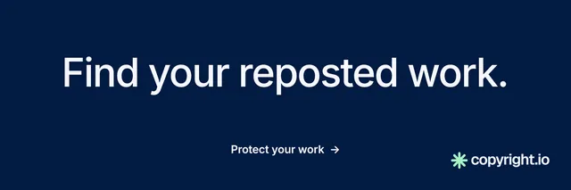 X header for copyright.io: "Find your reposted work." Minimal luxury style, centred layout, dark palette in blue.