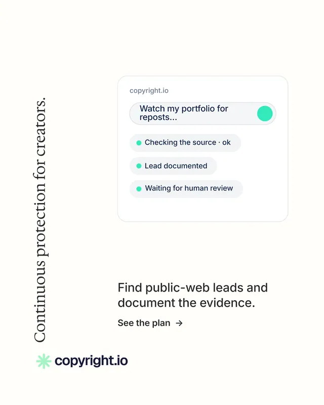 Instagram portrait post for copyright.io: "Continuous protection for creators." Minimal luxury style, vertical layout, light palette in white.