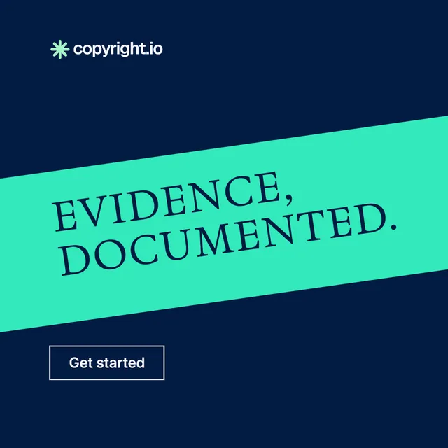 Instagram post for copyright.io: "Evidence, documented." Editorial style, diagonal layout, dark palette in blue, teal.