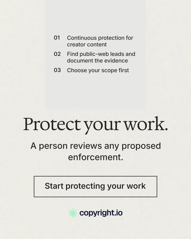 Instagram portrait post for copyright.io: "Protect your work." Editorial style, skeleton layout, light palette in white, grey.