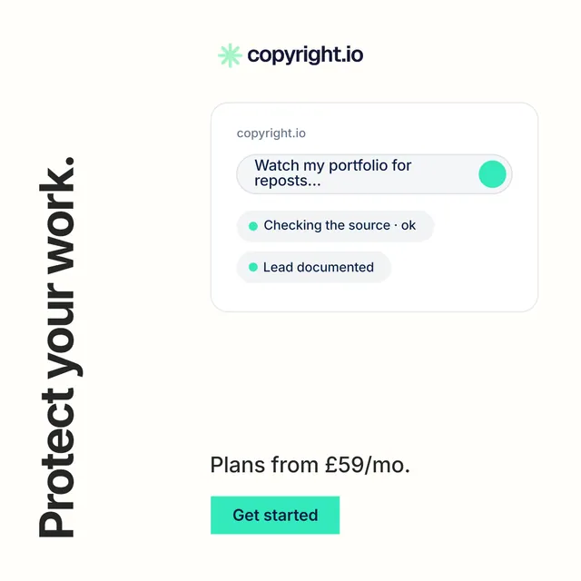 Instagram post for copyright.io: "Protect your work." Swiss style, vertical layout, light palette in white.
