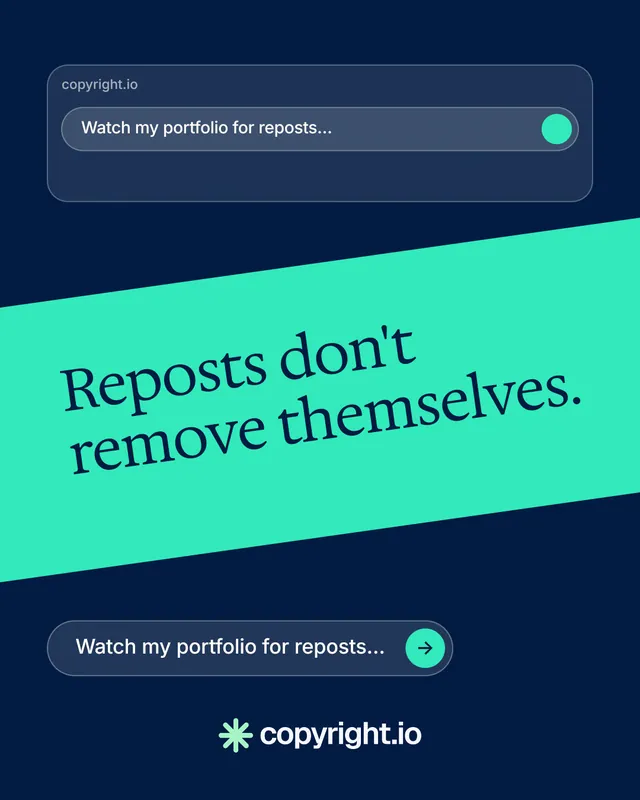 Instagram portrait post for copyright.io: "Reposts don't remove themselves." Agentic glass style, diagonal layout, dark palette in blue, teal.