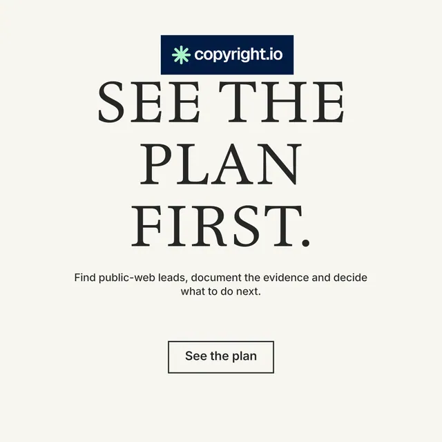 Instagram post for copyright.io: "See the plan first." Editorial style, centred layout, light palette in white, grey.
