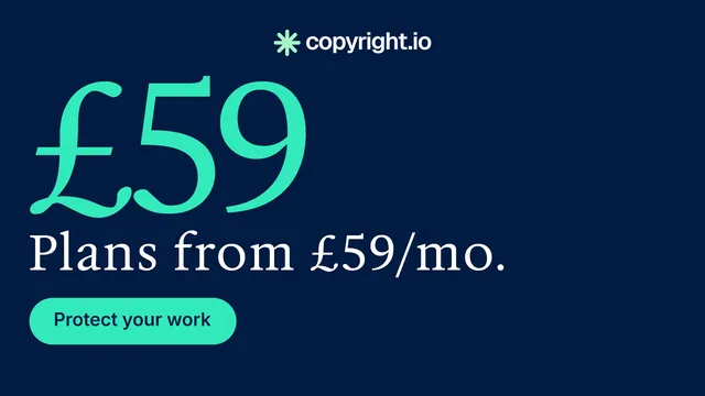 Landscape graphic for copyright.io: "Put an agent on it." Y2K style, stat layout, dark palette in blue, teal.