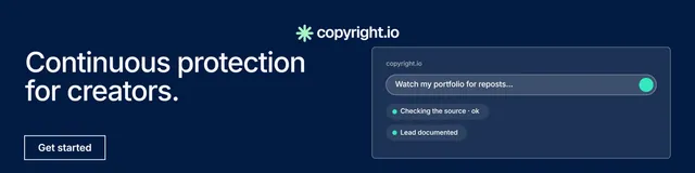LinkedIn banner for copyright.io: "Continuous protection for creators." Editorial style, bottom layout, dark palette in blue.