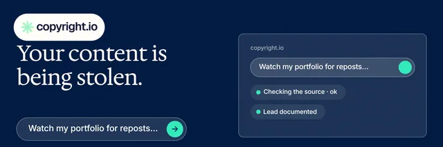 X header for copyright.io: "Your content is being stolen." Agentic glass style, bottom layout, dark palette in blue.