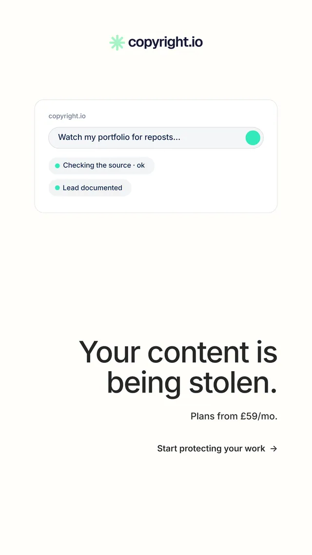 Instagram story for copyright.io: "Your content is being stolen." Minimal luxury style, right layout, light palette in white.