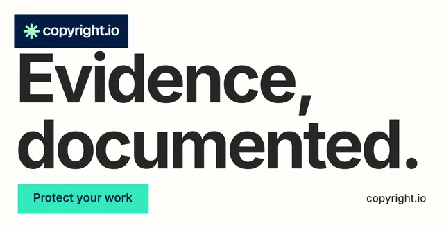 Social ad for copyright.io: "Evidence, documented." Swiss style, poster layout, light palette in white, grey.