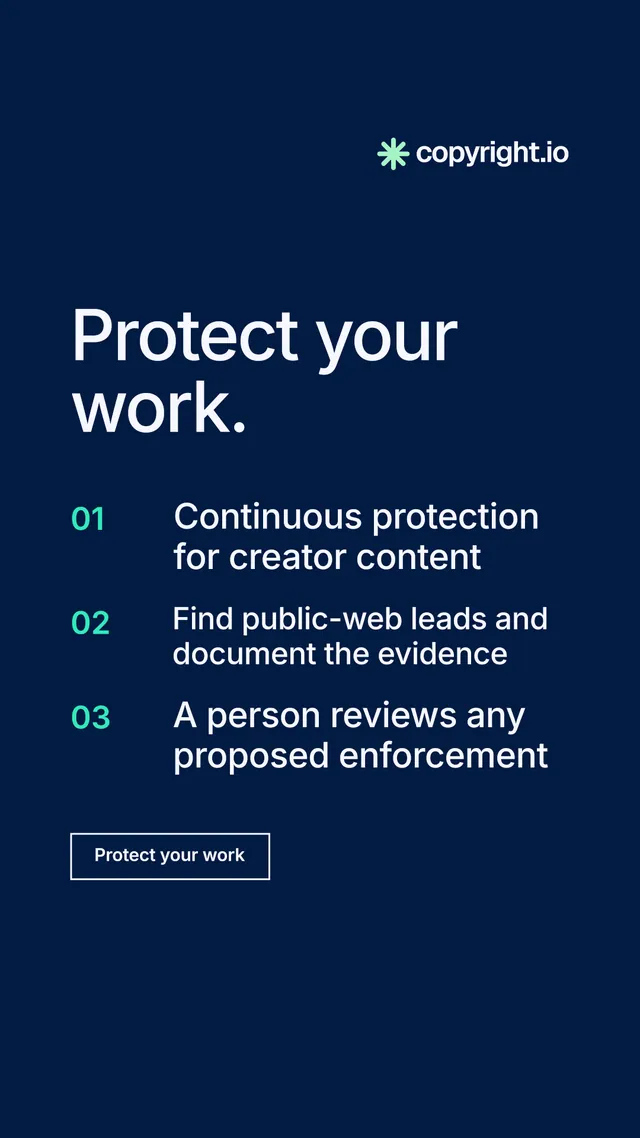 Instagram story for copyright.io: "Protect your work." Editorial style, numbered layout, dark palette in blue.