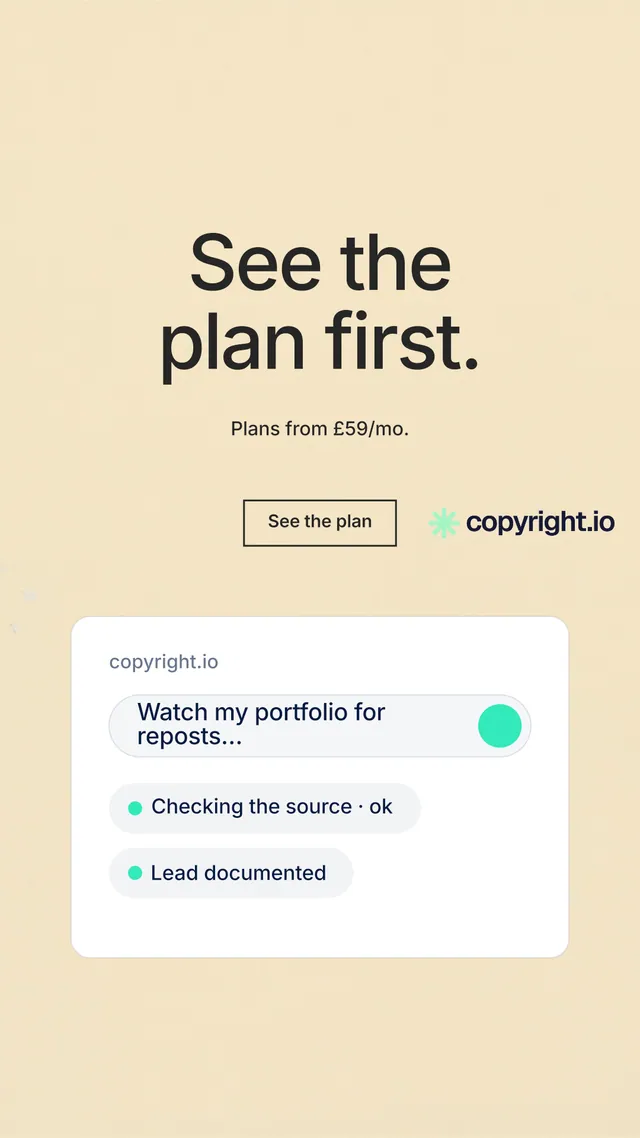 Instagram story for copyright.io: "See the plan first." Editorial style, centred layout, light palette in orange, yellow, white.