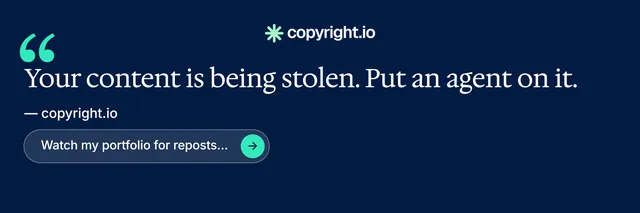X header for copyright.io: "Reposts don't remove themselves." Agentic glass style, quote layout, dark palette in blue.