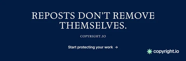 X header for copyright.io: "Reposts don't remove themselves." Y2K style, smallcaps layout, dark palette in blue, grey.