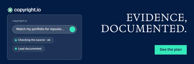 X header for copyright.io: "Evidence, documented." Split block style, right layout, dark palette in blue.