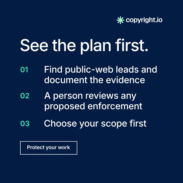 Instagram post for copyright.io: "See the plan first." Editorial style, numbered layout, dark palette in blue.