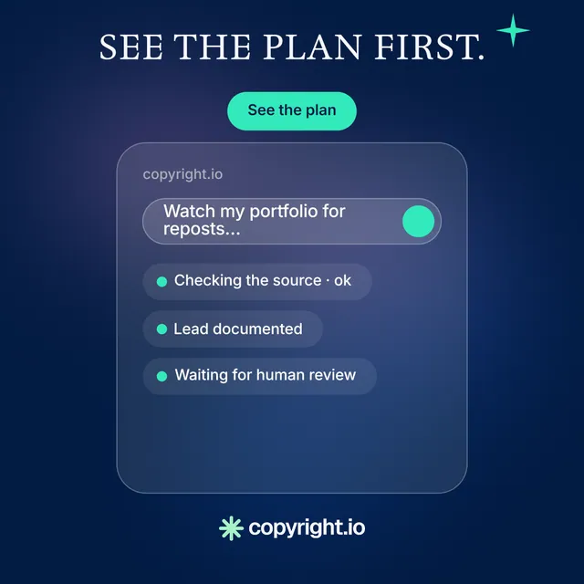 Instagram post for copyright.io: "See the plan first." Y2K style, skeleton layout, dark palette in blue.