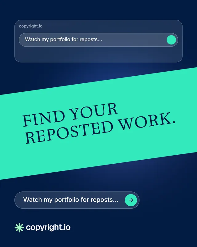 Instagram portrait post for copyright.io: "Find your reposted work." Agentic glass style, diagonal layout, dark palette in blue, teal.