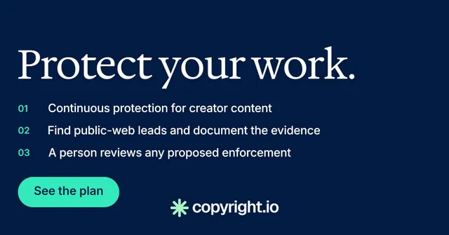Social ad for copyright.io: "Protect your work." Y2K style, numbered layout, dark palette in blue.